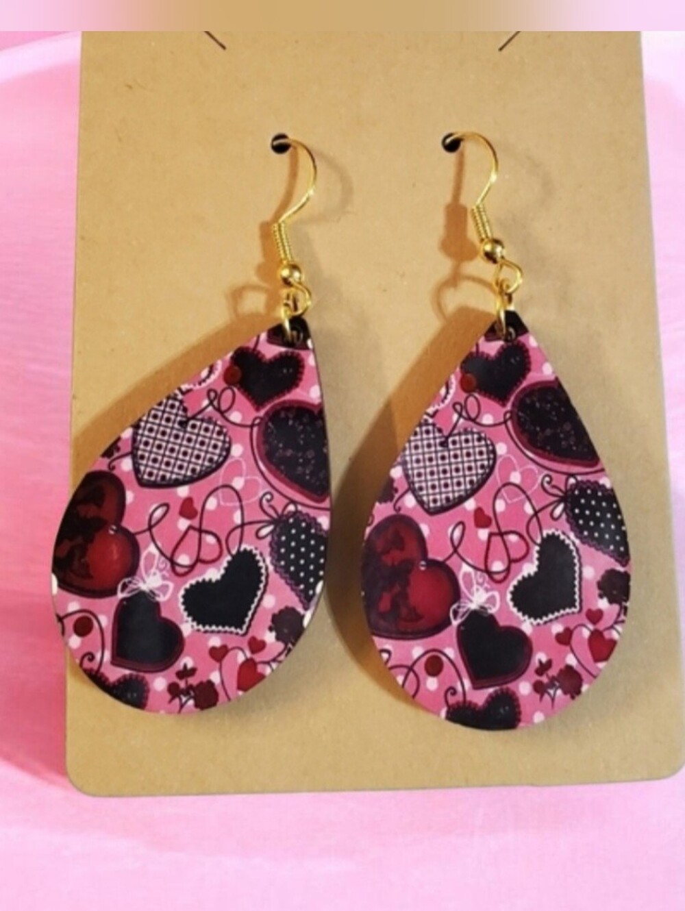 Pink, Red & Black Hearts teardrop earrings